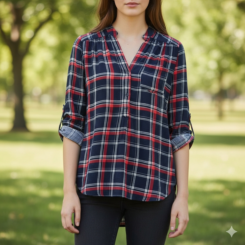Market & Spruce  Roll Tab Sleeve Top Sz L Blue Plaid Half  Button Up Shirt Tunic